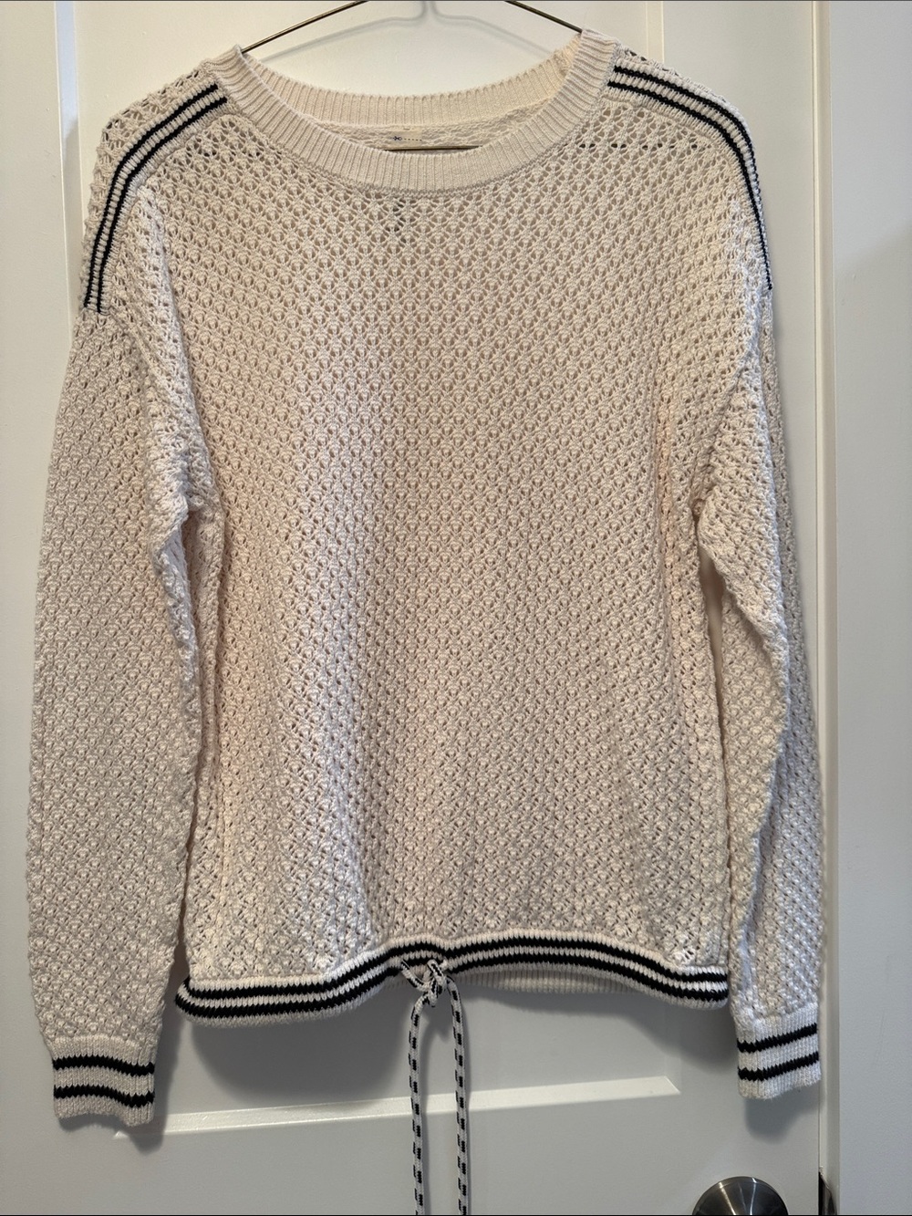 Lou & Grey Women's Cream Knit Crewneck Open Knit Sweater Black Stripe size S